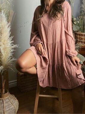 Boho Tiered V-Neck Mini Dress in Dusty Rose